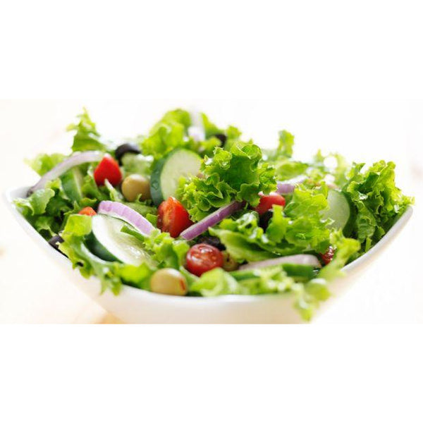 RHS Tossed salad with lettuce, cucumbers, red onions and  cherry tomatoes